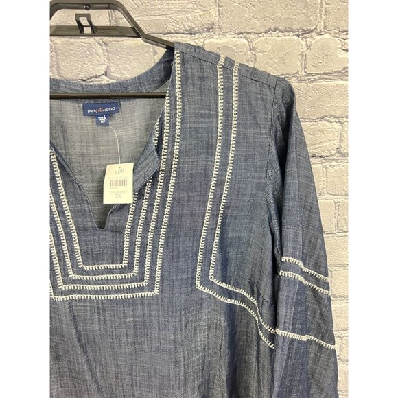 J. Jill Pure Jill Indigo 2X  Whipstitched Embroidered Dress Chambray Tencel Blue - Picture 8 of 11